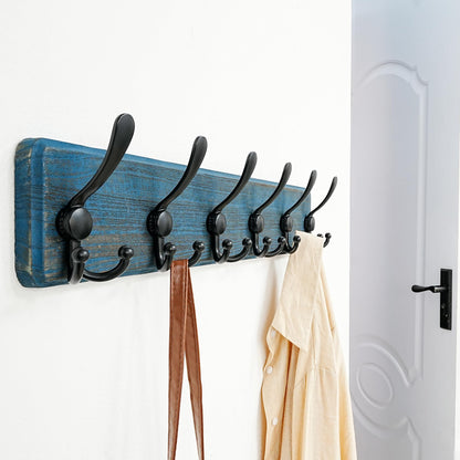 Dseap Coat Rack Wall Mounted - 24" Long 6 Tri Hooks, Heavy Duty Wooden Wall Coat Hanger Coat Hook for Clothes Hat Jacket Clothing, Weathered Blue and Black