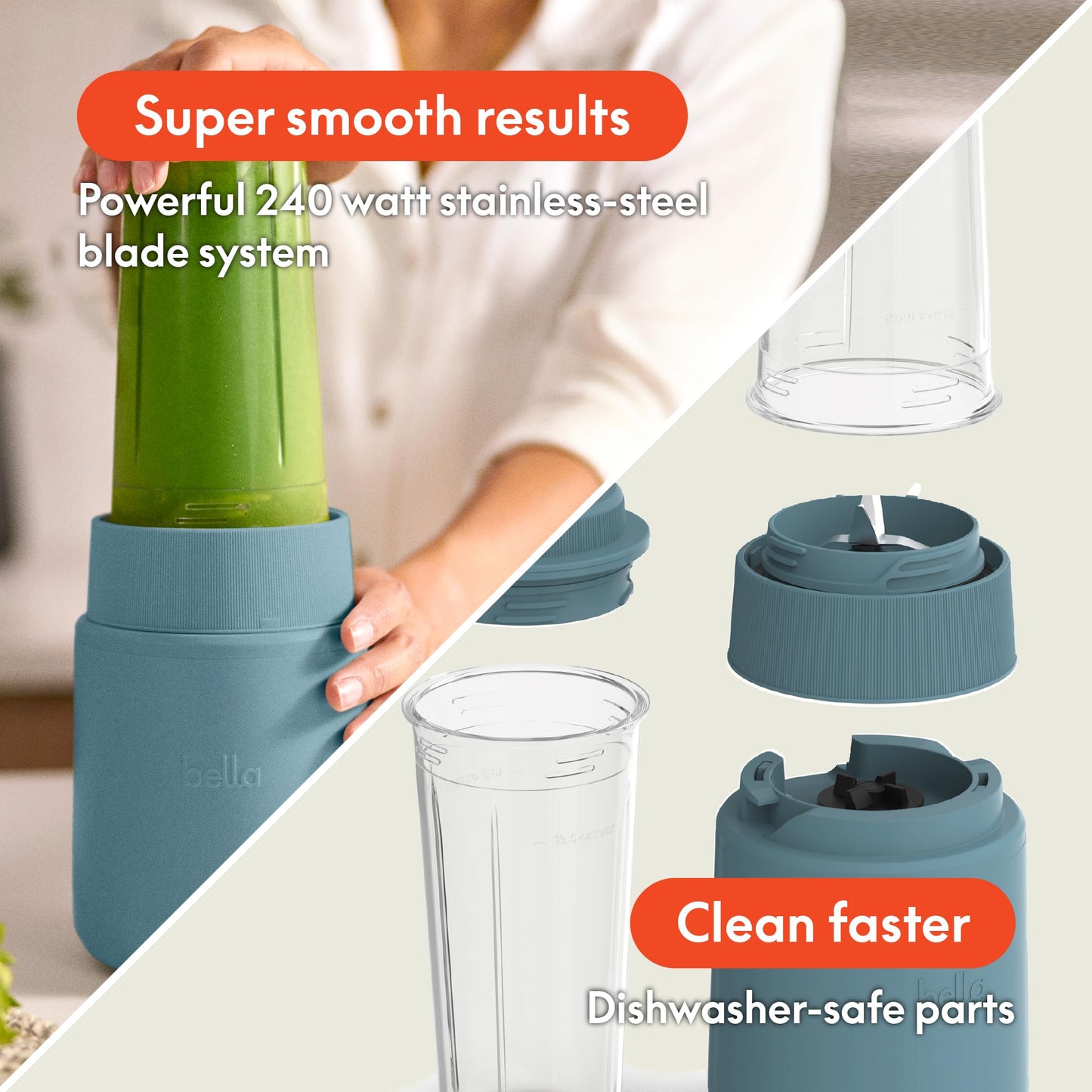 bella 6 Pcs Portable Rocket Blender, Juicer & Smoothie Maker, Press & Twist Design, EverGood™ & BPA Free Dishwasher Safe Parts, 4 Tip Stainless Steel Blade, Cord Wrap, 240 Watt Motor, Oatmilk