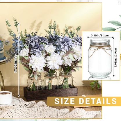Baderke 3 Pcs Mason Jar Centerpiece Table Decorations, Fake Flowers Artificial Blue Flowers, Rustic Spring Centerpieces Decor with Wood Tray and Light, Table Decorations for Home Kitchen Living Room