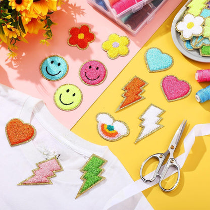 Hanaive 80 Pcs Chenille Letter Patches Self Adhesive Iron on Patch 3D Cute Embroidered Rainbow Smile Face Heart Applique Sewing Badges Patch for Fabric Clothing Jacket DIY(Assorted Rainbow,Cute)