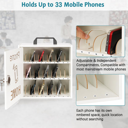 Loghot Wooden Cell Phone Storage Cabinet, 33 Adjustable Slots Cell Phone Locker with Security Lock & Handle, Desktop Phone Organizer for Classroom, Office & Repair Shops, White