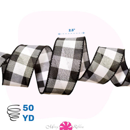 Morex Ribbon 7398.60/50-613 Cambridge 2.5" X 50 YD Wired Ribbon, Black and White, Buffalo Check Plaid Ribbon for Gift Wrapping, Christmas Decorations Indoor Home Decor, Craft Supplies & Materials