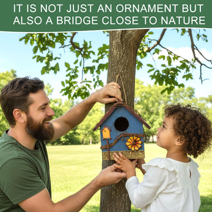 DoubleFill 2 Pcs Birdhouses for Outdoor Hanging Yard Outside Wooden Birdhouse Hand Painted Bird Box for Bird Lovers Bluebird Tree Garden Decor Decorative Birdhouse(Red,Blue,Wooden Roof)