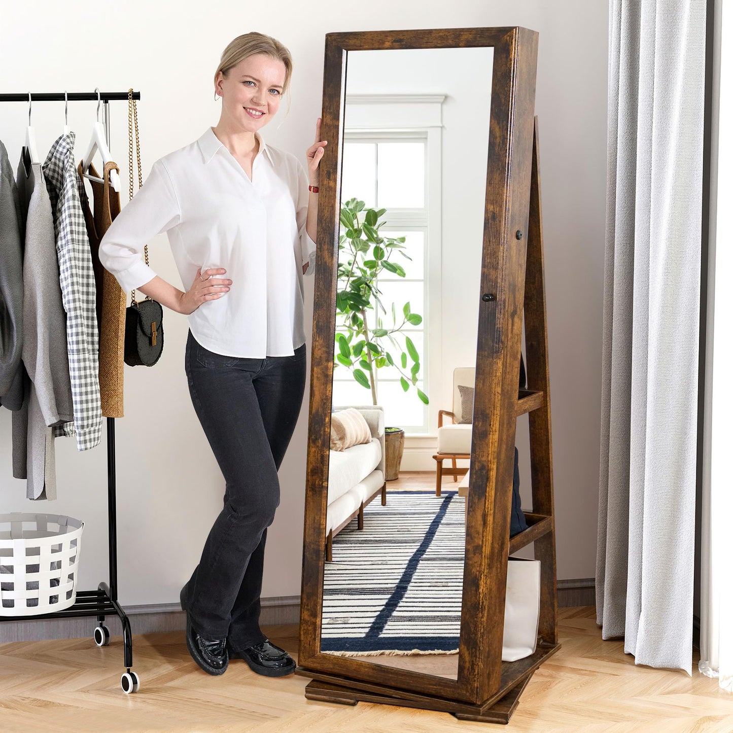 sogesfurniture Lockable Floor Standing Wooden Jewelry Armoire with Full Length Mirror 360°Rotatable Jewelry Organizer Cabinet Lockable with Storage Shelf, Rustic Brown,BHUS-QH-7021C-FG