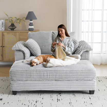 VINGLI 56" Oversized Chaise Lounge Chair, Light Grey Comfy Corduroy Chaise Sofa Recliner Bed Upholstered Sleeper Couch Bed with Throw Pillows and Armrests for Living Room, Movie Room, Bedroom