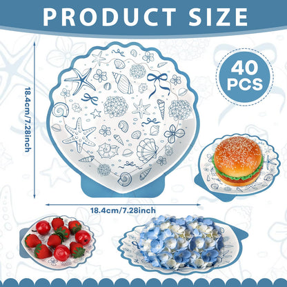Acellegic 40pcs 7inch Seashell Paper Plate Ocean Seashell Beach Coastal Party Supplies Disposable Blue Bow Hydrangea Starfish Plate Seaside Favor for Summer Beach Wedding Bridal Shower Birthday Party