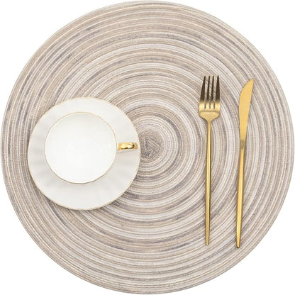 SHACOS Round Braided Placemats 15 inch Set of 6 Washable Kitchen Table Placemats for Home Wedding Party (Rainbow Gray, 6)