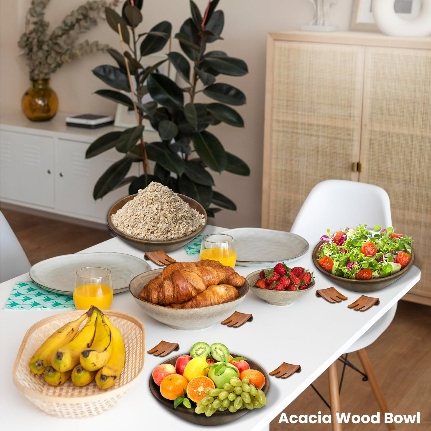 Joline Designs Acacia Wood Salad Serving Bowl Set – Large Wooden Bowl with Forks for Salads, Fruits & Meals – Easy to Clean, Food-Safe, Perfect for Entertaining & Gift Giving