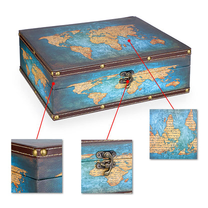 ELLDOO Decorative Treasure Chest Box, Wooden + PU Leather Storage Box for Jewelry Trinkets Photos, Rectangular Keepsakes box for Girls Women Gifts, Green Map Pattern