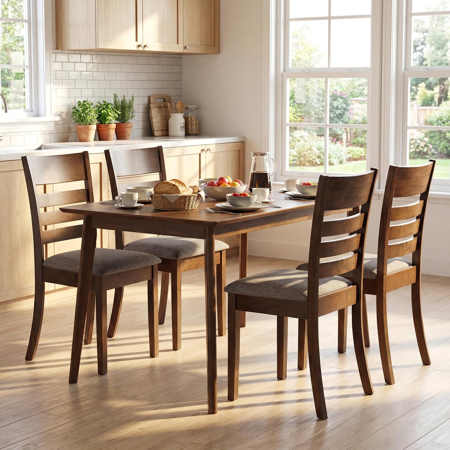 Giantex Wooden Dining Chairs Set of 2, Upholstered Kitchen Chair w/Rubber Wood Frame, Curved Slatted Backrest & Wide Padded Seat, Modern Dining Room Chairs for Living Room, Restaurant, Brown
