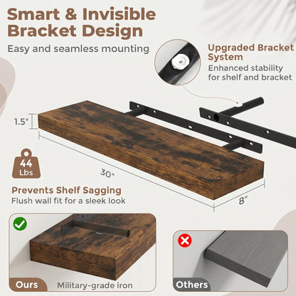 FLYJOE Floating Shelves for Wall, 30 Inch Floating Shelves Set of 2, 8" D Wooden Wall Mounted Display Shelves with Invisible Brackets for Living Room, Bedroom, Bathroom, Kitchen Decor, Brown