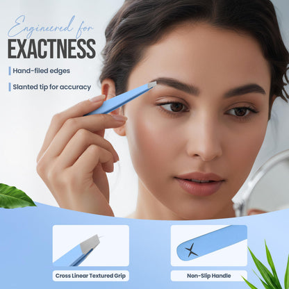Professional Slant Tip Tweezers - Precision Stainless Steel Eyebrow Plucking Tool for Women and Men, Ingrown Hair Remover, Facial Hair Tweezers for Grooming (Baby Blue)
