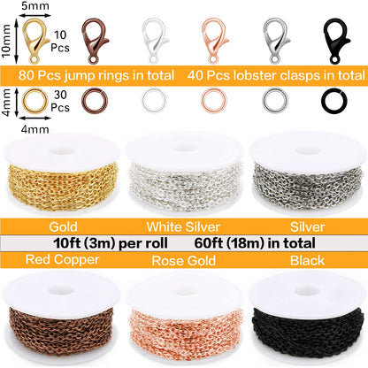 Jishi 60ft Jewelry Necklace Chains 2mm Jewelry Chain Links for Making Bracelets Earrings DIY Craft Supplies Findings, 6-Colors Gold Silver Copper Plated Metal Cable Rolo Link Chain Rolls Bulk