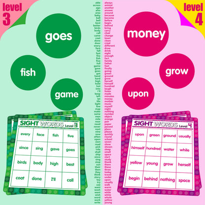 SpriteGru Sight Word Bingo Game, 160 Sight Words Learn to Read Level 3 & Level 4 Bingo Board Game Dolch's & Fry's Words Lists for Kindergarten and Preschool Kids 4-8, Perfect for Classroom & At Home