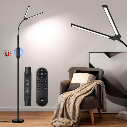 JhauvMw Dual Head LED Floor Lamp 18W, 3 Color Modes 10 Brightness, Pole Controller & Magnetic Remote, Adjustable Gooseneck, Built-in Wire, USB Eye-Caring Lamp for Living Room, Reading, Office