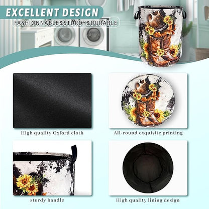 Retro Cows Laundry Basket Western Cowboy Foldable Funny Laundry Hamper Oxford