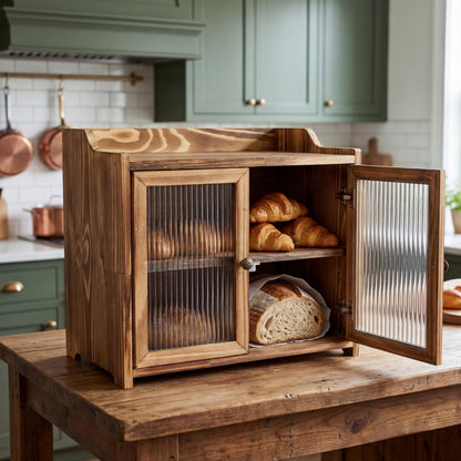 ZOOIQ Farmhouse Wooden Bread Box with Double Fluted Glass Doors, 2-Tier Counter Corner Storage Cabinet, Rustic Kitchen Countertop Organizer for Bread Coffee Spices