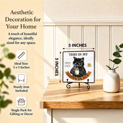 This Is My Happy Place Wooden Sign With Stand, Home Farmhouse Desk Table Decor, Inspirational Plaque Gifts For Cats Lover Owner, Black Cats Coffee Office Desk Decor For Shelf, 03