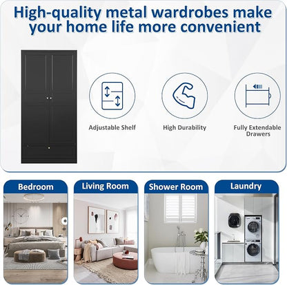 BYNSOE Metal Armoire Wardrobe Closet with 2 Doors 72'' Wardrobe Cabinet with Drawers and Hanging Rail Metal Closet with Adjustable Shelves for Bedroom. (Black, with 1drawer)
