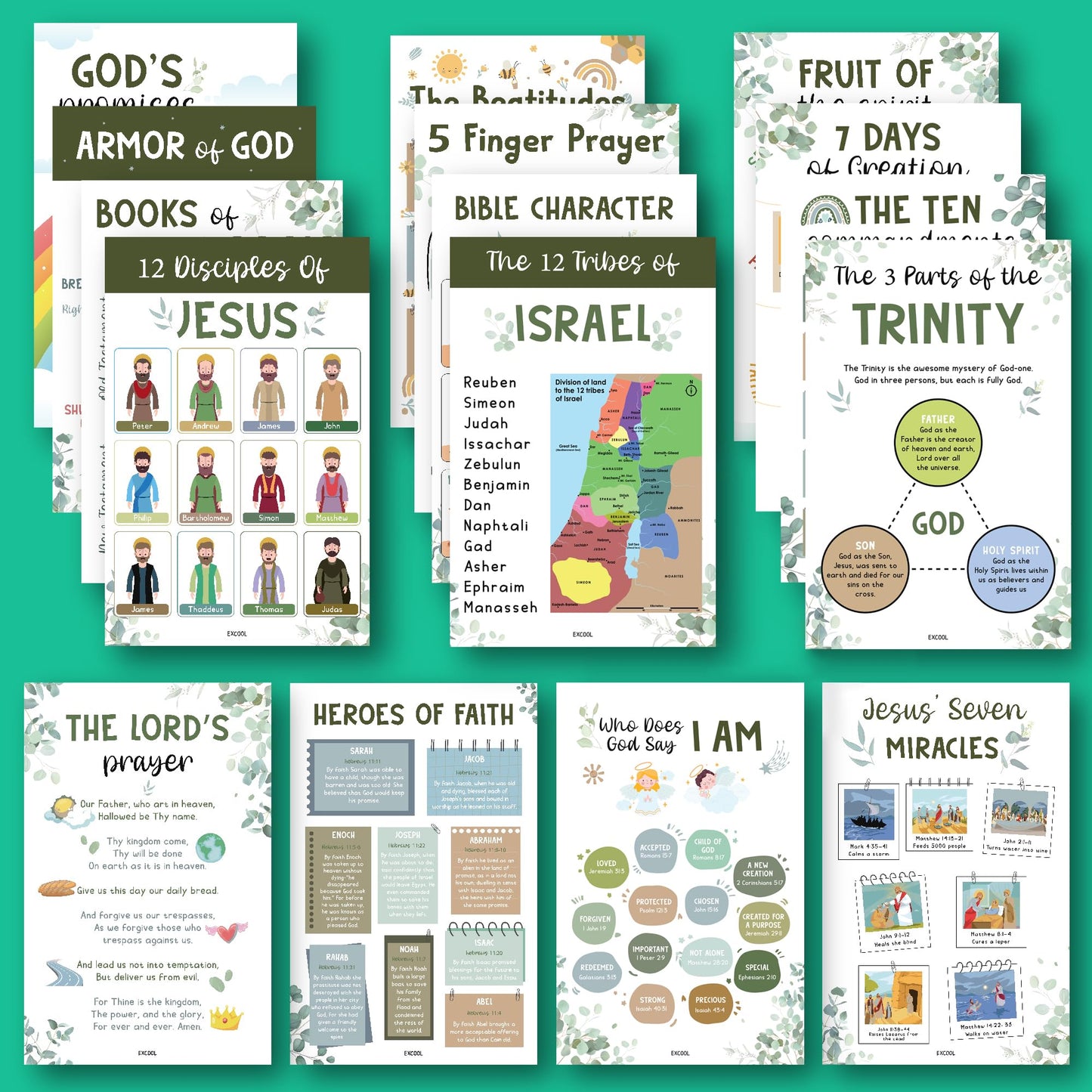 Excool Club Sunday School Decorations For Classroom - 16 Book Of The Bible Posters For Kids, Ten Commandments Fruit Of The Spirit Wall Art, Bible Study Supplies For Christian Classroom Decor (11"x17")