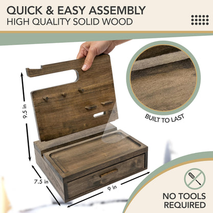 EcoLeafy Dot Nightstand Organizer for Men- Phone Docking Station with Drawer for Cellphone, Watches, Sunglasses & Accessories- Makes an Ideal Gift for Dad or Son (Rustic)