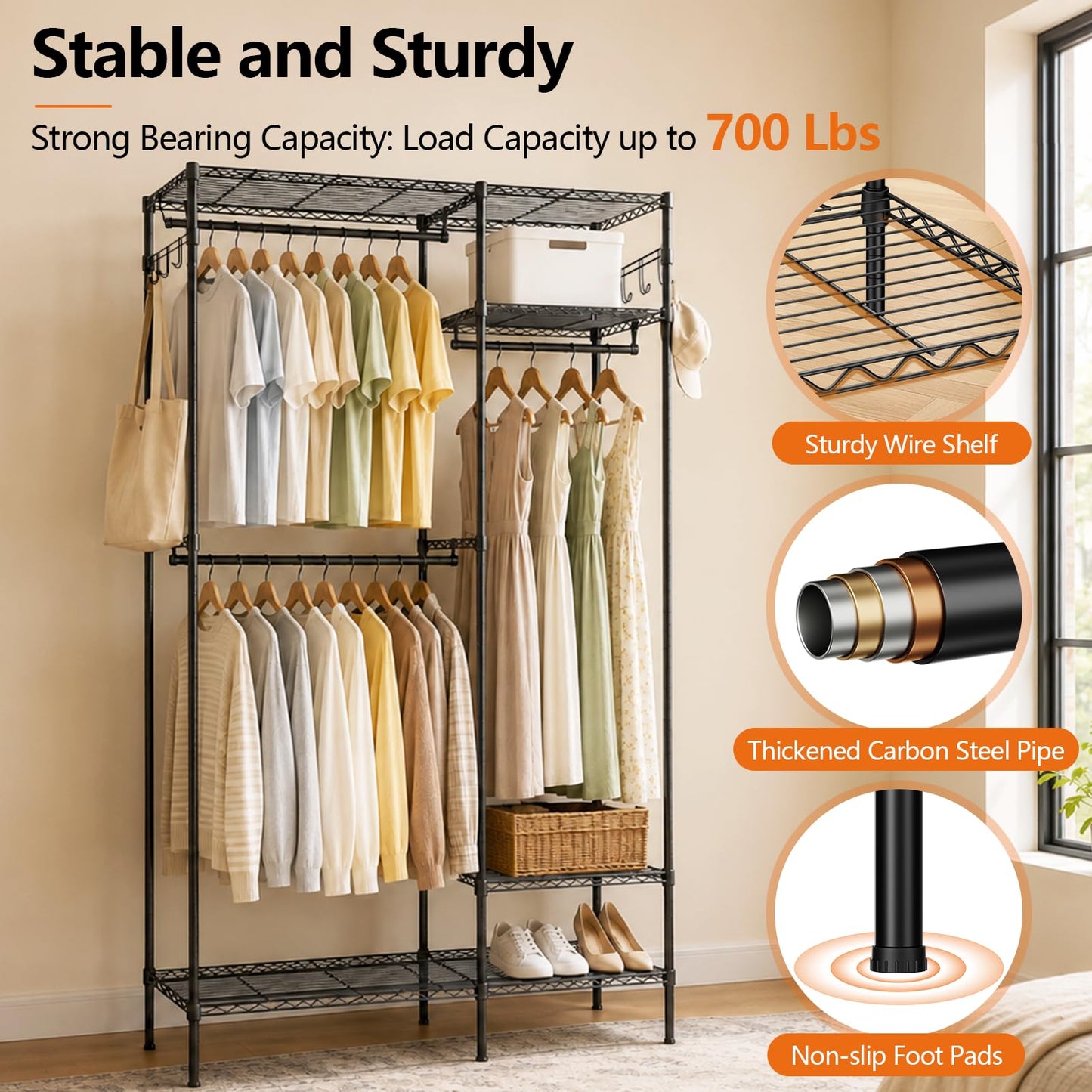 UEAKPIC Heavy Duty Clothes Rack, Portable Clothing Garment Rack for Hanging Clothes, Adjustable Storage Closet with Wire Shelves and Hanging Rods, Freestanding Closet Organizer, Max Load 700Lbs, Black