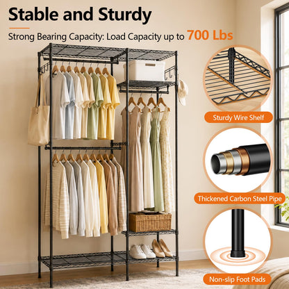 UEAKPIC Heavy Duty Clothes Rack, Portable Clothing Garment Rack for Hanging Clothes, Adjustable Storage Closet with Wire Shelves and Hanging Rods, Freestanding Closet Organizer, Max Load 700Lbs, Black