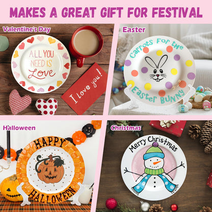 goldentime Ceramic Plate Painting kit for Kids and Adults Including 2 Ceramic Plates to Paint, with 12 Paints, 2 Brushes and 2 Stands - Perfect as DIY Home décor or Gifts for Bithday Christmas