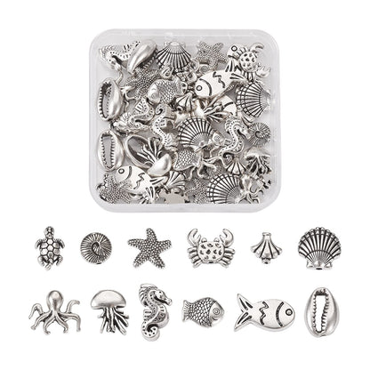 Fashewelry 60pcs Ocean Animal Tibetan Loose Spacer Beads Turtle Shell Fish Antique Silver Sea Life Creatures Alloy Western Beads for Necklace Bracelet Earring Craft Jewelry Making Supplies