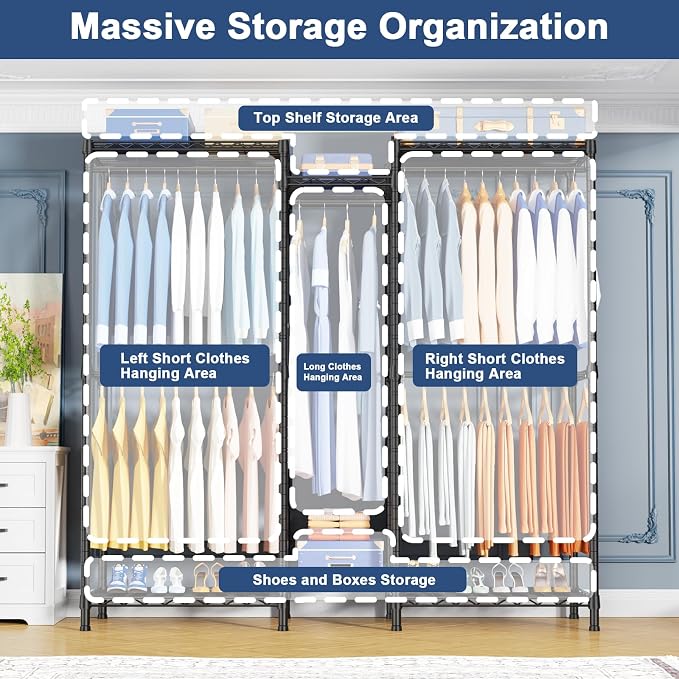 Ulif E12C Heavy Duty Closet Organizer System，Freestanding Clothing Rack, Adjustable Garment Rack 57.1" W x 16" D x 76.5" H Holds 860 lbs, Black Clothing Rack with Black Dustproof Cover