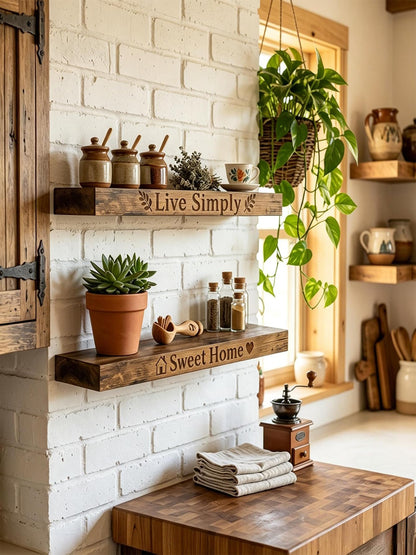 MYSHELL Floating Shelves for Wall, 2 Wooden Rustic Shelfs with Screw Mounted, Decorative Wall Mounted Shelves with Invisible Brackets for Bathroom, Bedroom, Kitchen, Office, Living Room (Engraving)