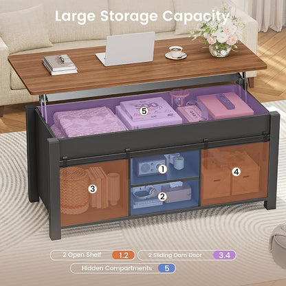 SEDETA Lift Top Coffee Table, Farmhouse Lift Tabletop Dining Table, Gas Spring, Hidden Compartment, Open Storage Shelf, for Living Room, Black Brown