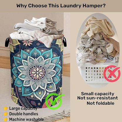 Bohemian Blue Flowers Laundry Basket, Dirty Clothes Basket, Water Resistant