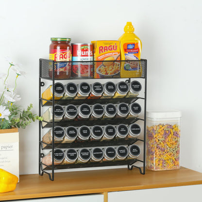 Spice Rack Organizer with 28 Spice Jars, Black Lids，Spice Labels, Chalk pen and Funnel Set for Cabinet, Countertop, Pantry, Cupboard or Wall Mount