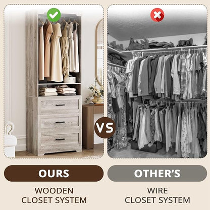 IRONCK Freestanding Closet System with 3 Wood Drawers, Modern Armoire Wardrobe with Adjustable Shelves & Hanging Rod, Walk-in Closet Systems Organizer for Small Closet, Rustic Maple