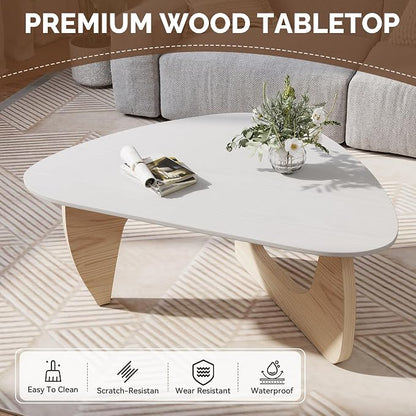 Modern Wood Coffee Table, Triangle Center Table with Premium Wooden Top& Unique Base, 35.5” Small Mid Century Tea Tables for Living Room, Apartment, Office,White&Light Natural Wood