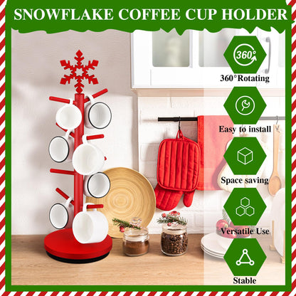 DoubleFill Christmas Tree Coffee Mug Holder 8 Hooks Snowflake Mug Holder for Countertop Snowflake Cup Rack Wood Christmas Tree Display for Kitchen Coffee Accessories