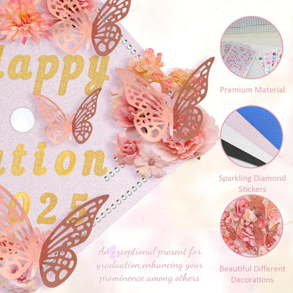 ZYNERY Graduation Cap Decorations Kit Grad Cap Topper Decor Includes Glitter Paper 3D Butterfly Faux Flower Letters Stickers, Cap Decorations for DIY Graduation Cap Topper (Pink)