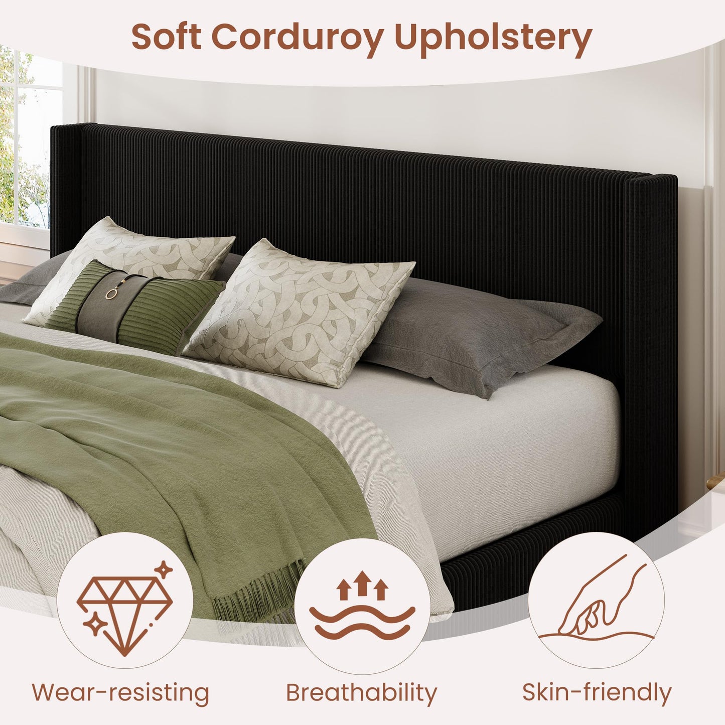 GarveeHome King Size Lift Up Storage Bed Frame, Corduroy Upholstered Platform Bed with Gas Lift, Padded Headboard, Wooden Slat Support, No Box Spring Needed, Black