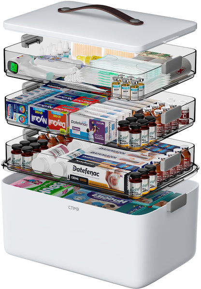 CTIME 4-Tier XL Medicine Organizer - Portable Medicine Cabinet with Leather Handle, Empty First Aid Kit for Home Organization Must, School, Dormitory, Travel, RV, Dorm, Ideal Elderly Gift