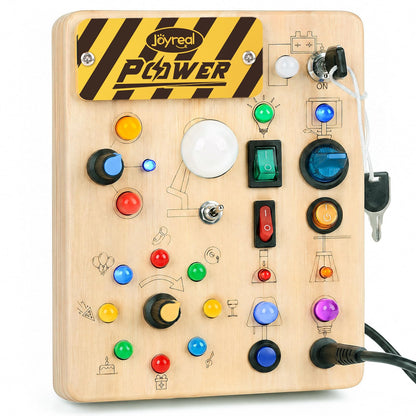 Joyreal Busy Board for Toddlers 1-3 - Montessori Toys for 1 2 3 Year Old, Wooden Sensory Activity Board with 10 Switches&19 Lights, Ideal Educational Travel Toy Gift for 1+ Year Old Boy&Girl Birthday