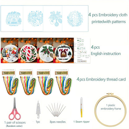 Zhenqing Christmas Embroidery Kit for Beginners - 4 Piece 29x29cm Round Designs with Embroidery Hoop, Threads & Tools (Snowy Cabin, Fireplace, Candy Cane, Holly)(C0066)