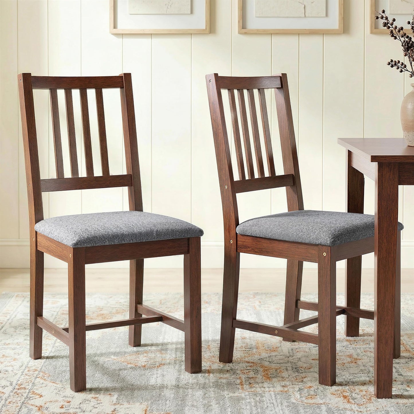 HOMCOM Wooden Dining Chairs Set of 2, Mid-Century Modern Upholstered Kitchen Chairs with Slat Backrest, Rubberwood Legs and Padded Seat for Dining Room, Living Room, Walnut
