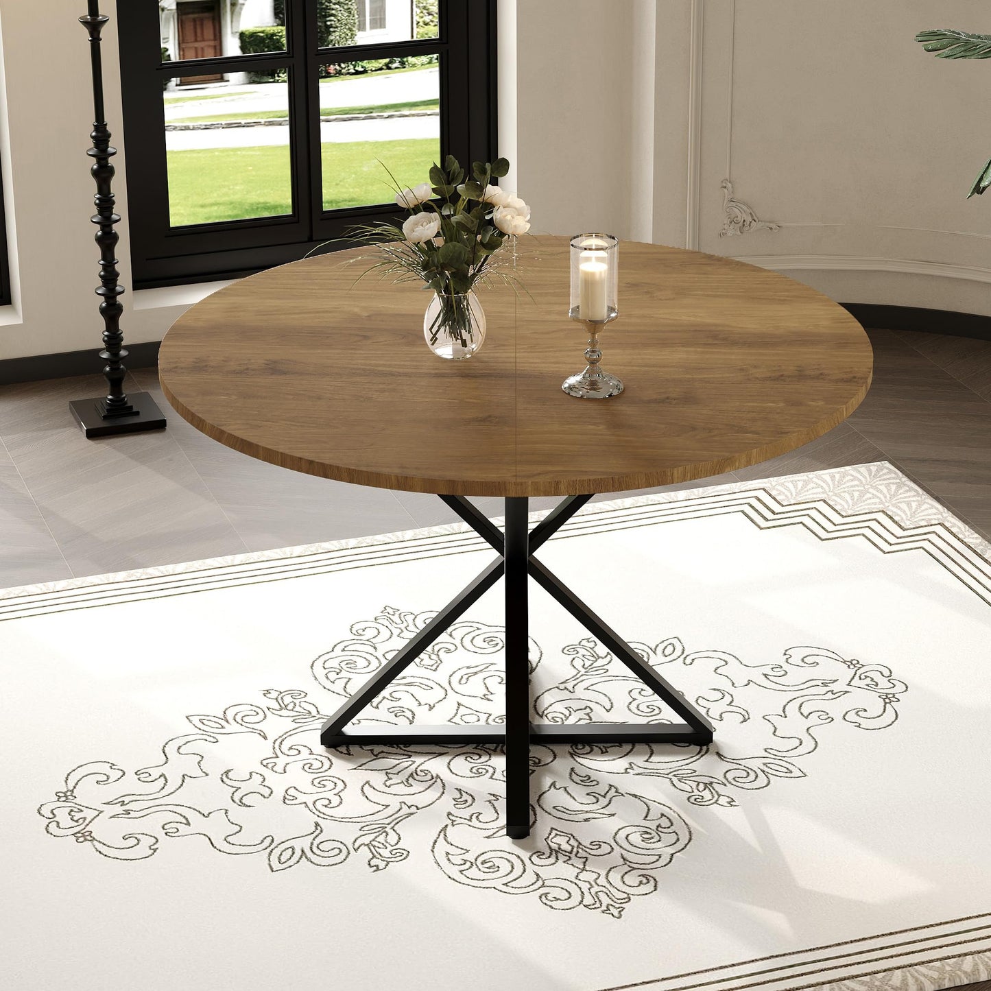 GarveeHome 47 Inch Round Dining Table for 4, Circle Kitchen Table with Pedestal Base, Farmhouse Wooden Dining Table for Small Spaces, Kitchen & Dining Room, Living Room（Brown/Only Table）