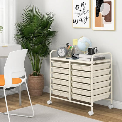 Giantex 12 Drawers Rolling Cart, Mobile Storage Drawer Cart, Classroom Organizer Cart for Office School Supplies Tools Scrapbook Paper Craft Small Printer, Utility Cart on Wheels, White