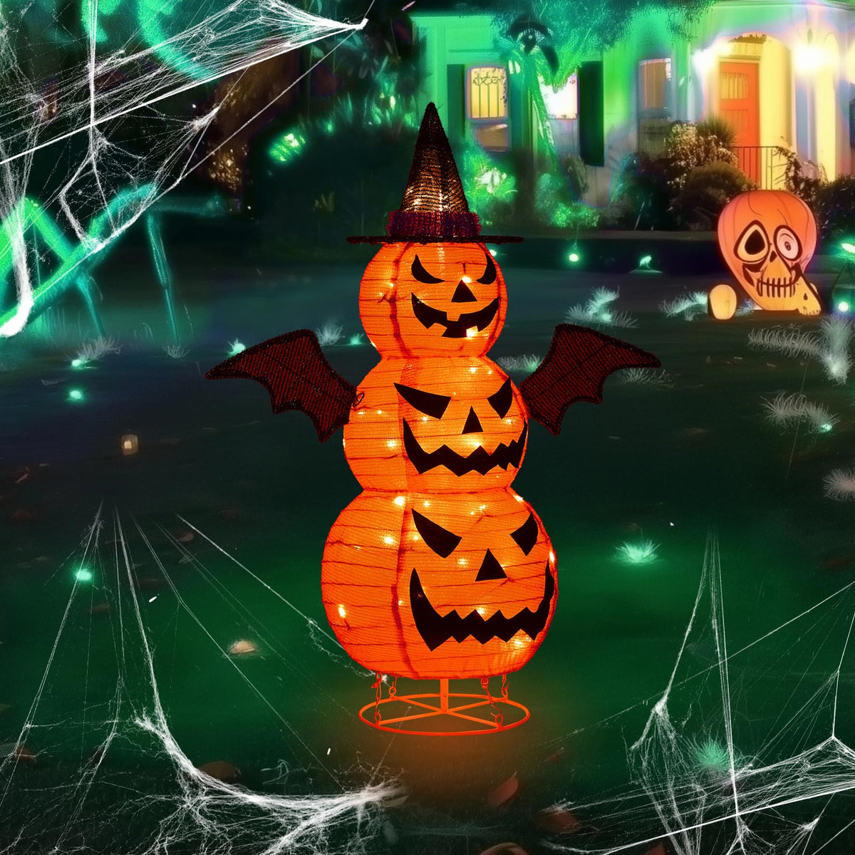 3FT-Halloween Decorations Outdoor – 37 Inch Collapsible Pumpkin Man with 40 LED Lights, Stretchable Pop Up Jack-o'-Lantern for Yard, Garden, Porch, Party Decor