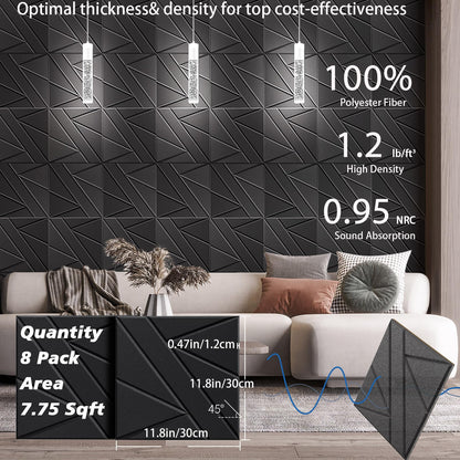 8 Pack Self-Adhesive Soundproof Wall Panels, 12 x 12 x 0.47 in Sound Proof Foam Panels for Walls, 1.2lb/ft³ High Density, Thicker 0.47in, Acoustic Panel, Peel and Stick Wall Panel Studio Black
