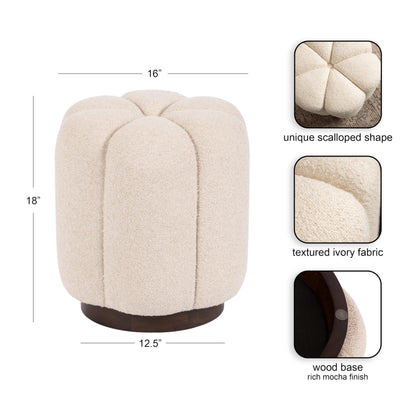 Kate and Laurel Lucida Round Upholstered Ottoman with Mango Wood Base, 16 x 16 x 18, Soft White and Dark Brown, Modern Scalloped Boucle Ottoman Foot Rest for Apartment or Living Room Decor