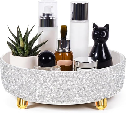 Honeydak Bling Perfume Makeup Organizer Bling Mother's Day Nurses Day Gifts for Women Bathroom Organizers and Storage 360 Rotating Makeup Organizer for Countertop(1 Tier,Rhinestone,White)