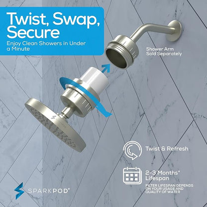 SparkPod 23-Stage Filtered Shower Head, 6" Round, Brushed Nickel | Filtered Shower Head for Hard Water Filter, High Pressure, Reduces Chlorine, Heavy Metals, For Dry Skin & Hair